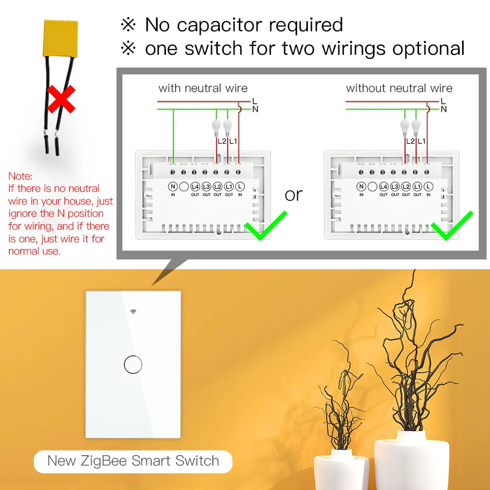 MOES ZigBee Touch Smart Light Switch With Neutral/No Neutral , US Wall Switch No Capacitor Smart Life/Tuya Works with Alexa