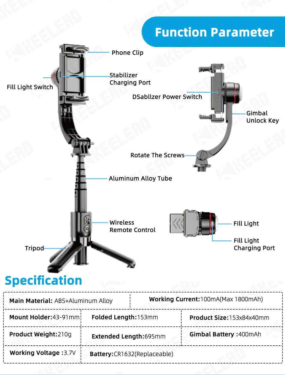 KEELEAD Selfie Stick Gimbal with Fill Light Extendable Bluetooth Remote Tripod for Samsung Xiaomi iPhone 14 Pro Max Smartphone